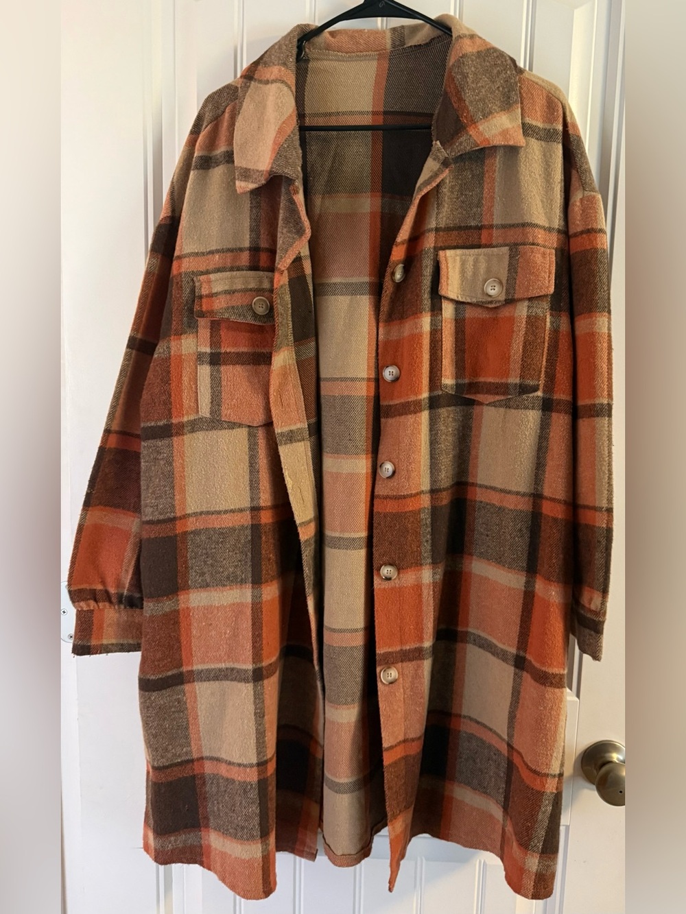 Plaid Button-Front Shacket in Rust, Tan, and Brown